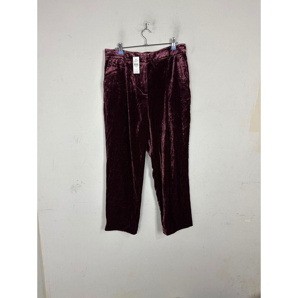 Loft Womens Burgundy Velvet Straight Leg Pants Plum Crushed Trousers Size 10